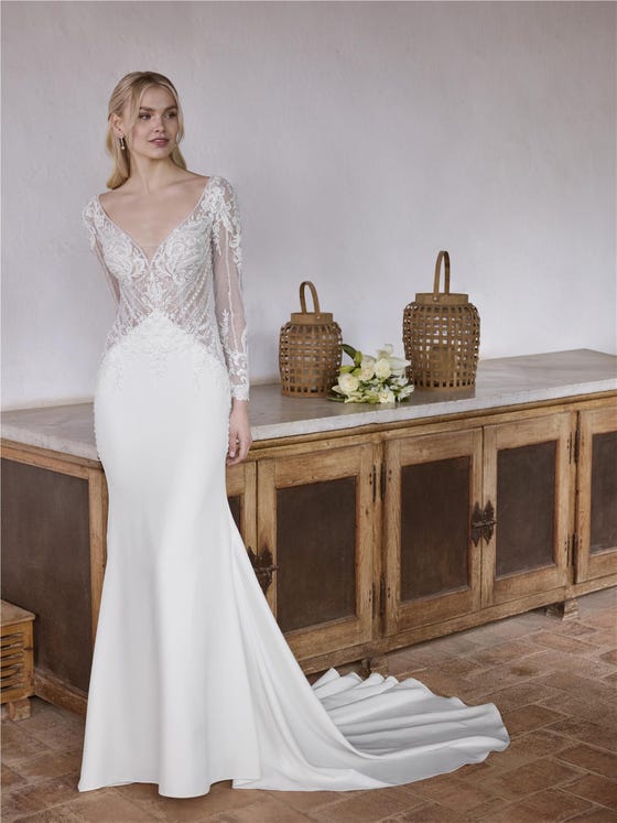 Vorderseite Meerjungfrau Brautkleid mit V-Ausschnitt mit langen Ärmeln mit offenem Rücken aus Krepp DEHLILA.