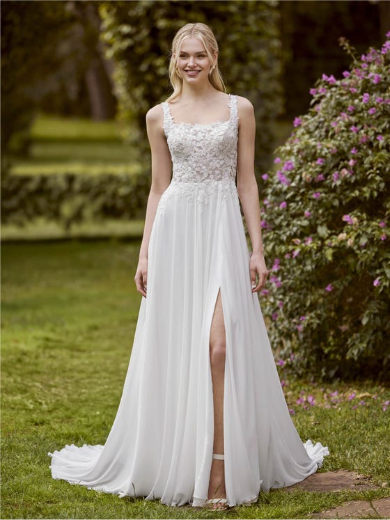 Vorderseite A-Linien Brautkleid mit quadratischem Ausschnitt aus Chiffon LILIRA.