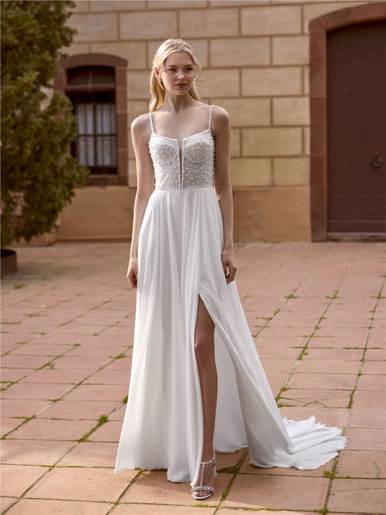 Vorderseite A-Linien Brautkleid mit V-Ausschnitt aus Chiffon LONDIE.