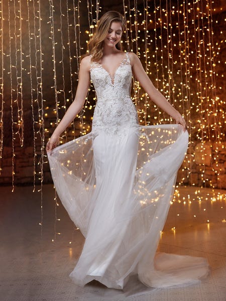 Front of long A-line wedding dress with a V-neck 